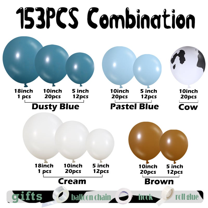 Vztipki 153 PCS Dusty Blue Cow Balloon Arch Garland Kit - Dusty Blue, Pastel Blue, Brown, Cream and Cow Print Balloons for Baby Shower, Birthday, Farm, Western, and Cowboy Theme Party Decorations - Image 2